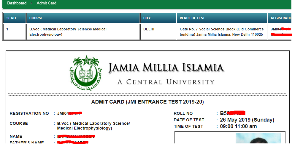 Real Look of Jamia Admit Card