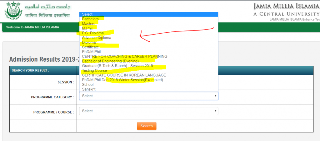 Choose Programme Category Jamia 2019-20