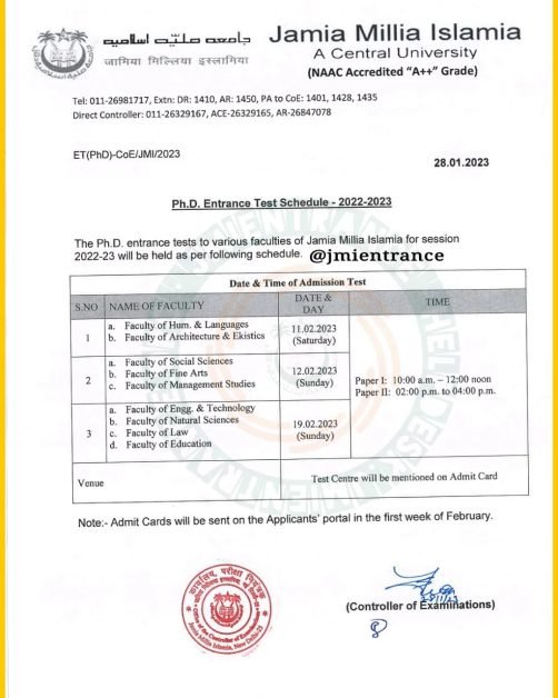 JMI PhD 2022-23 Entrance Schedule